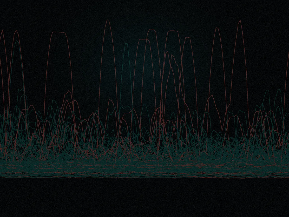 Hundreds of real motion-to-photon latency traces overlaid, with faulted runs picked out in red.