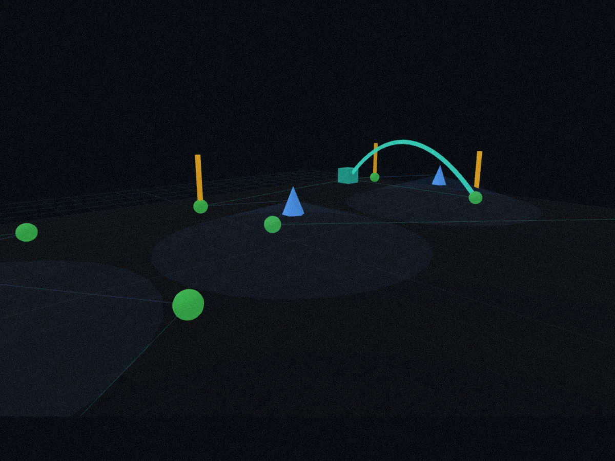 A simulated spatial-computing site rendered in 3D: headsets on a factory floor beneath radio cells, with a control action arcing to an edge node.