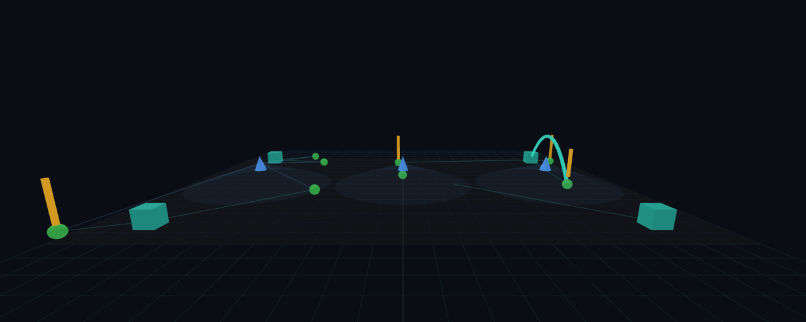 A spatial computing site rendered in 3D: radio cells overhead, edge compute nodes at the corners, headsets moving across the floor, and a control action arcing between them.